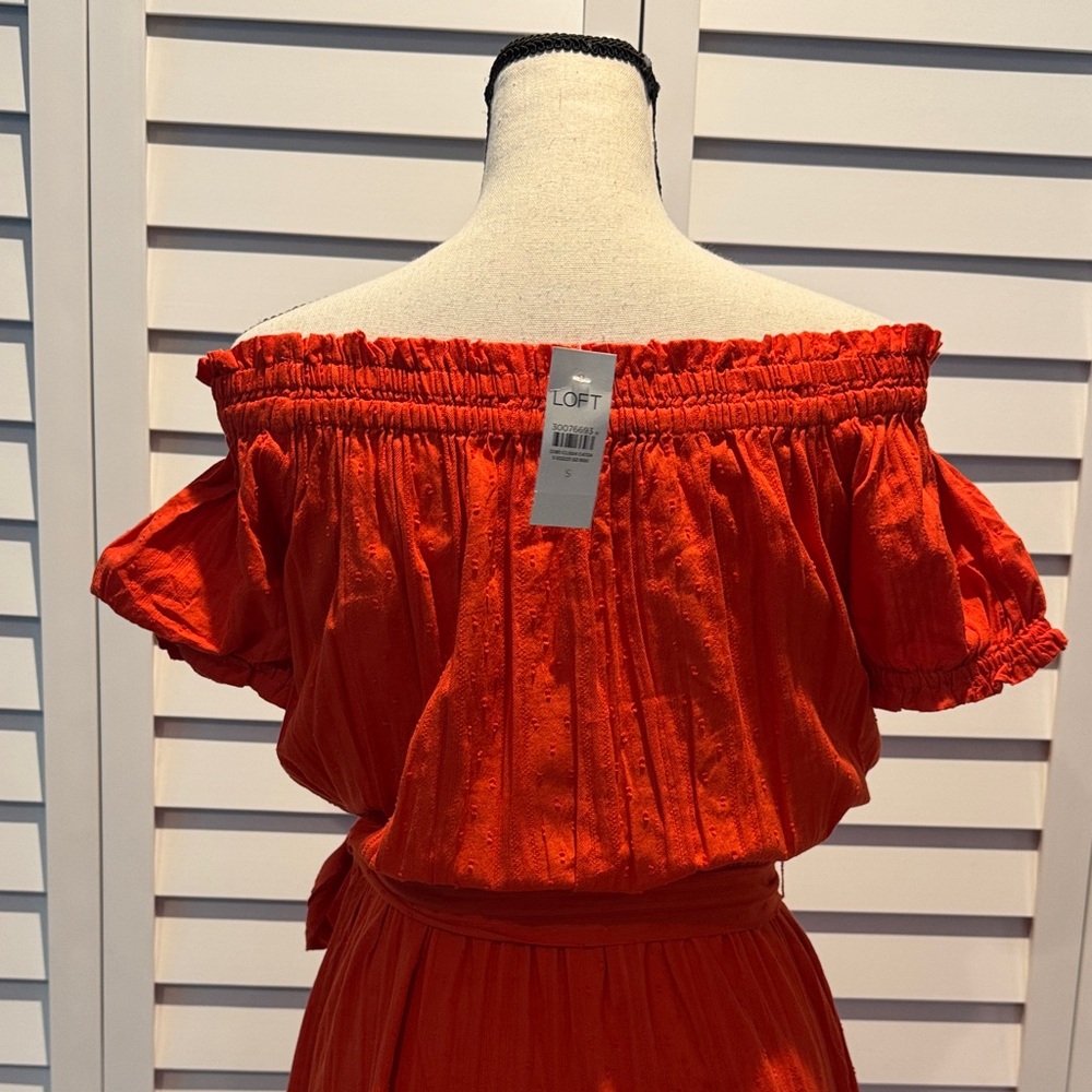 LOFT NWT Off-Shoulder Vibrant Orange-Red Maxi Dress with Belt - Picture 7 of 12